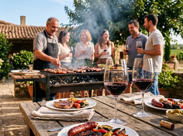 El maridaje perfecto para tu próxima barbacoa: Bordón Crianza Amigos disfrutando de una barbacoa de carne y embutidos en el jardín con una botella de vino tinto Bordón Crianza de Rioja y copas en primer plano sobre una mesa de madera